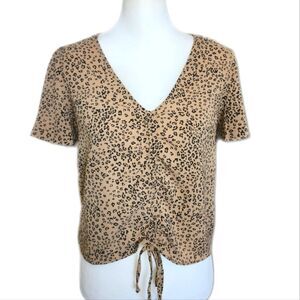 5/$55 Hippie Rose Tan & Black Animal Print, Flutter Sleeves, Ruched Tie Front, M
